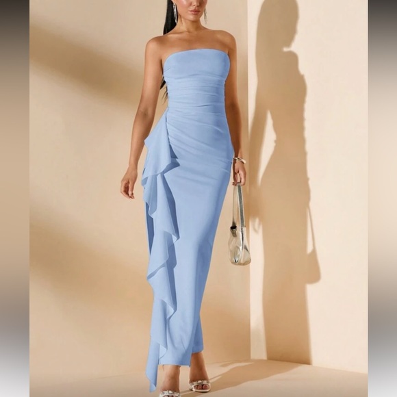 Elegant Blue Ruffle Tube Maxi Dress